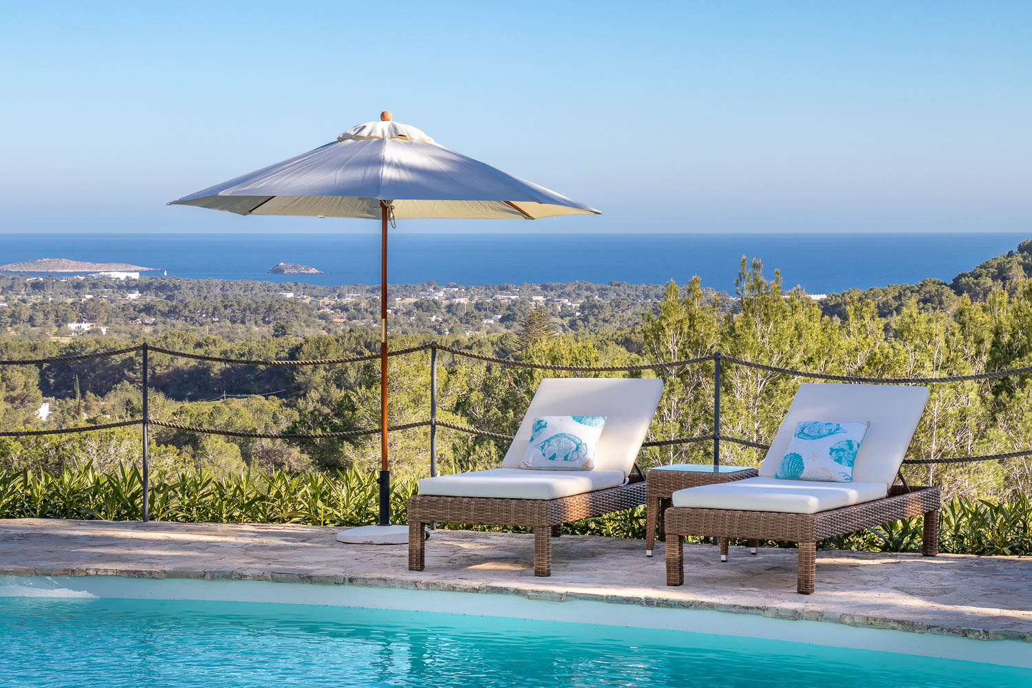 Poolside Umbrellas and Mediterranean Views